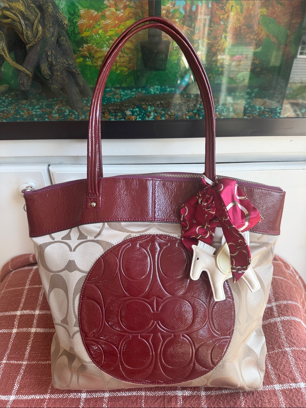 Coach Beige Signature Canvas Tote with Burgundy Leather Trim